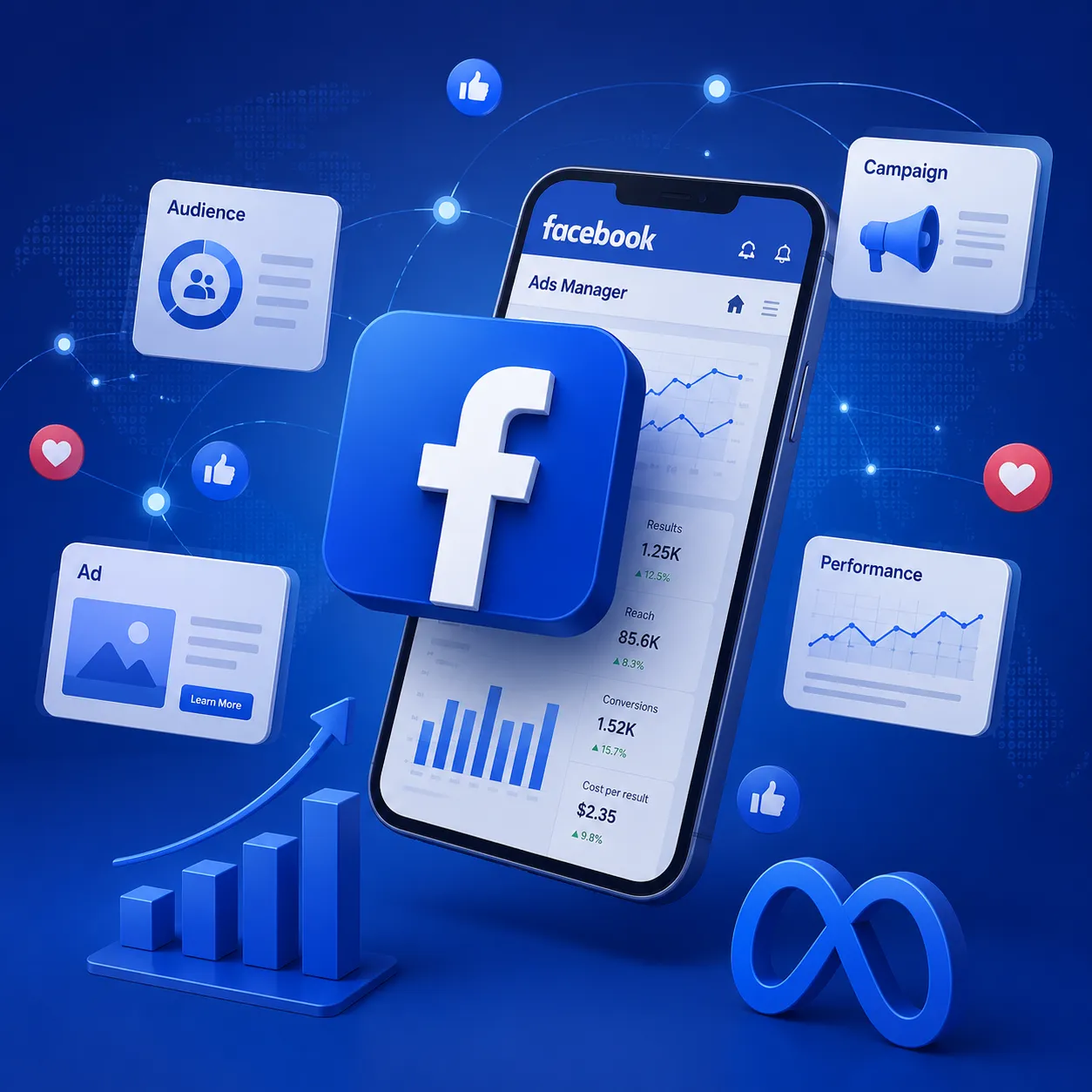 Facebook广告代投背景图，展示 Meta Ads、社媒广告投放与海外营销增长场景。