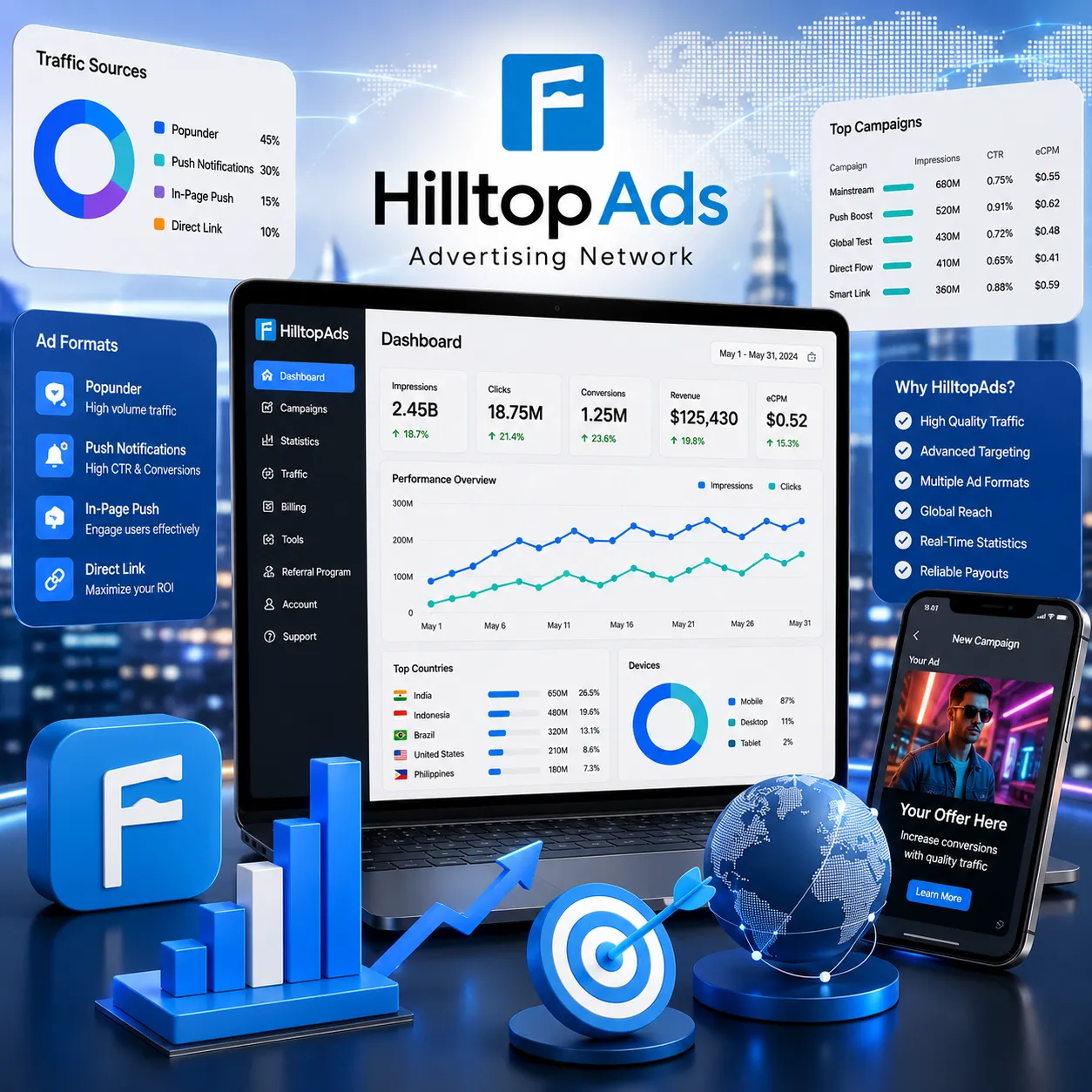 HilltopAds广告代投背景图，展示联盟广告网络、HilltopAds 与海外流量营销场景。