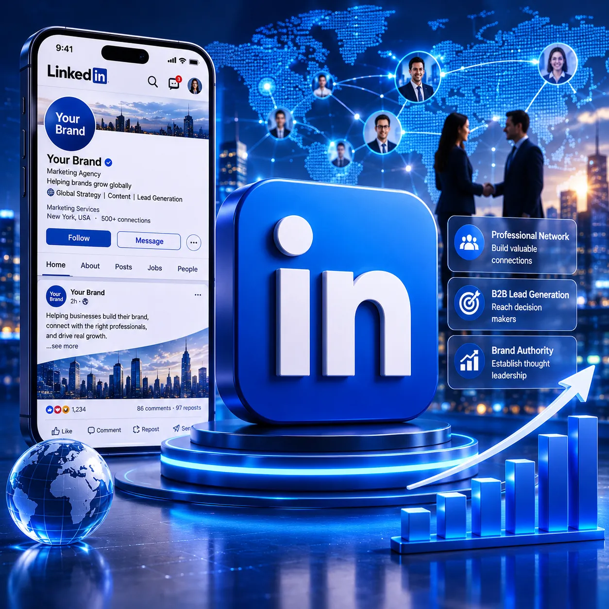 LinkedIn社媒运营背景图，展示企业品牌推广、B2B获客与商业社交增长场景。