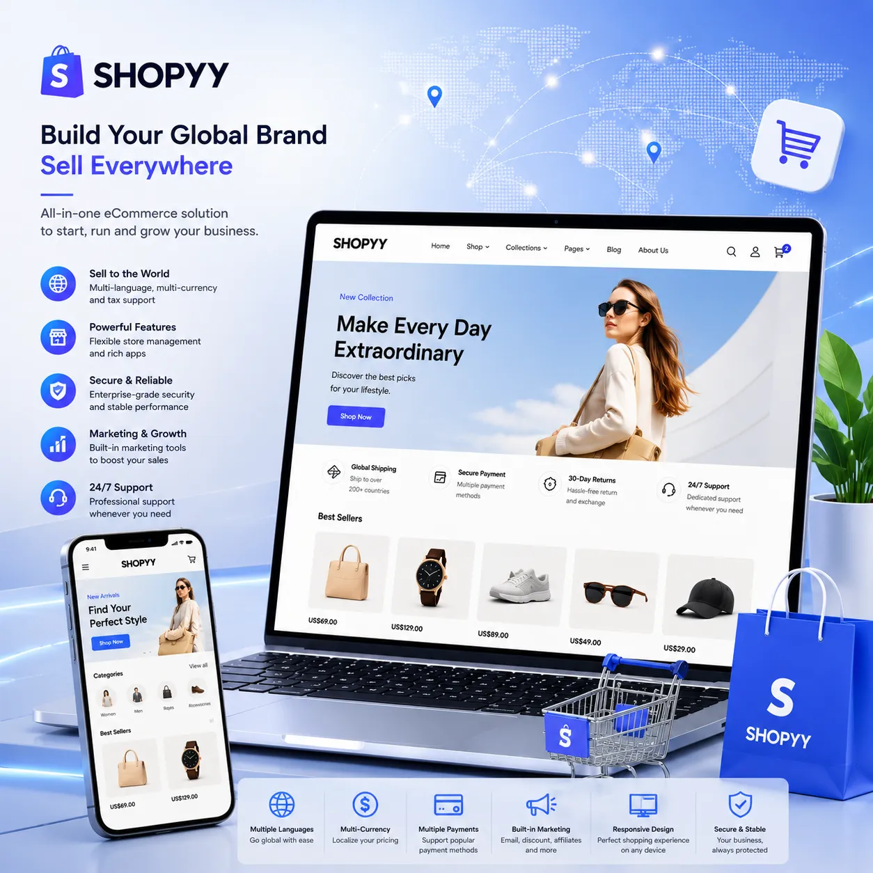 Shopyy建站背景图，展示跨境电商独立站、海外商城与品牌网站开发场景。