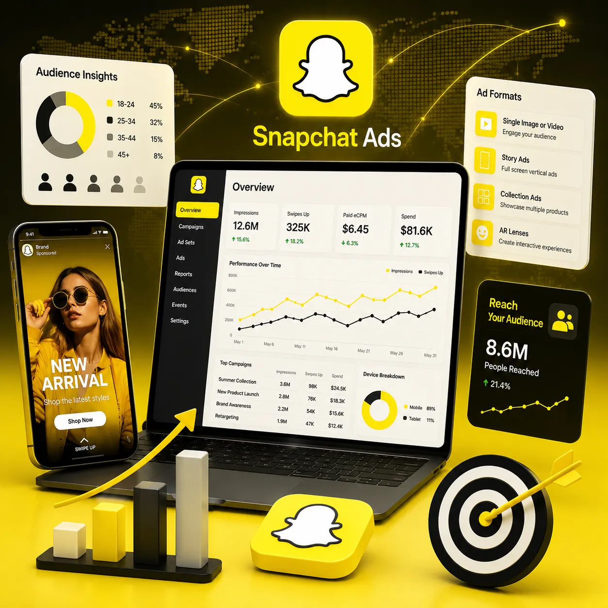 Snapchat广告代投背景图，展示 Snapchat Ads、移动广告与海外营销增长场景。