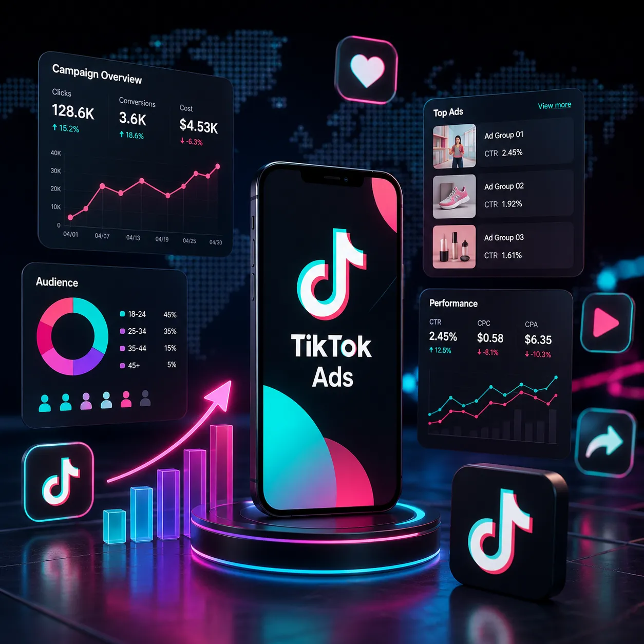 TikTok广告代投背景图，展示短视频广告投放、TikTok Ads 与海外营销增长场景。