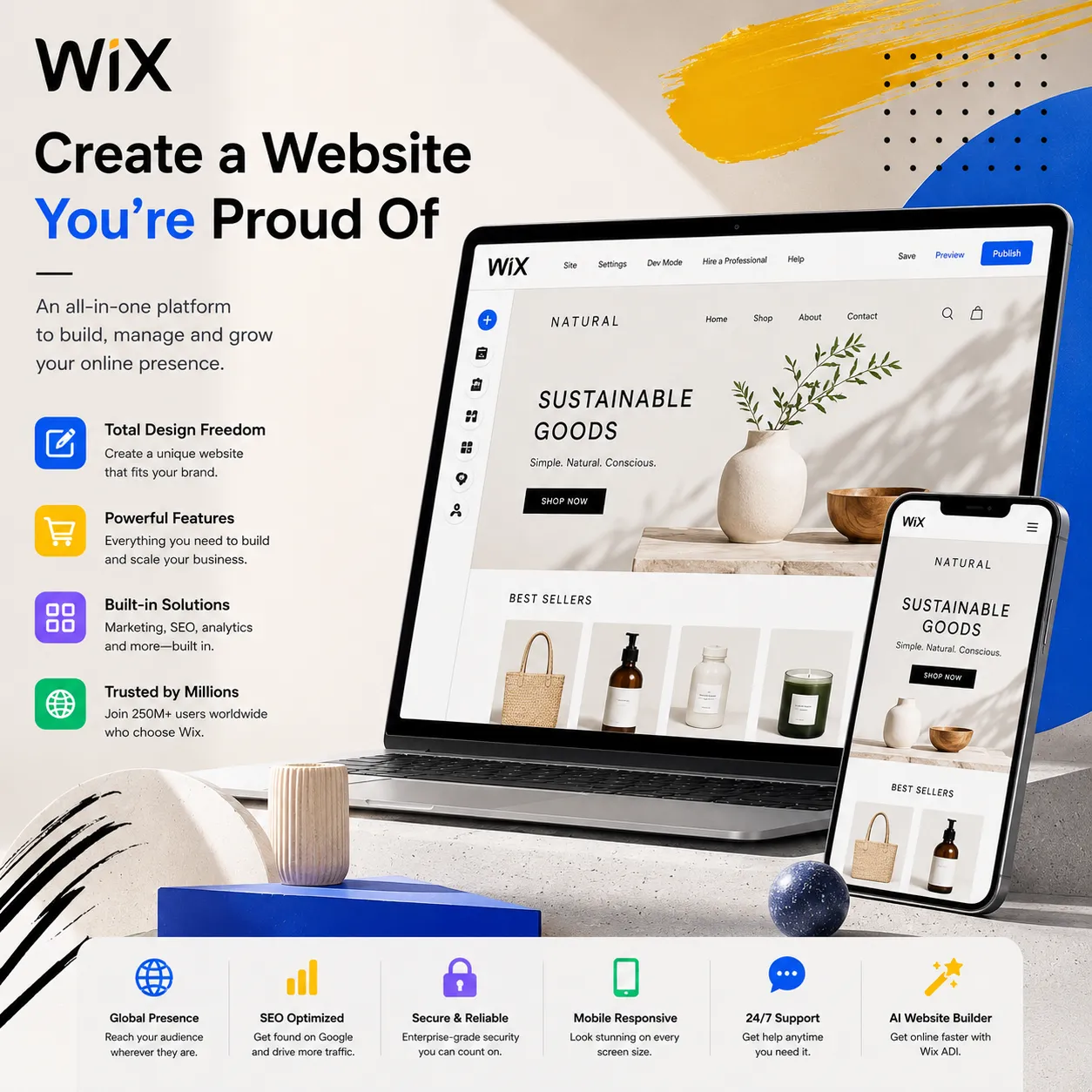 Wix建站背景图，展示可视化网站设计、品牌官网与响应式网页开发场景。