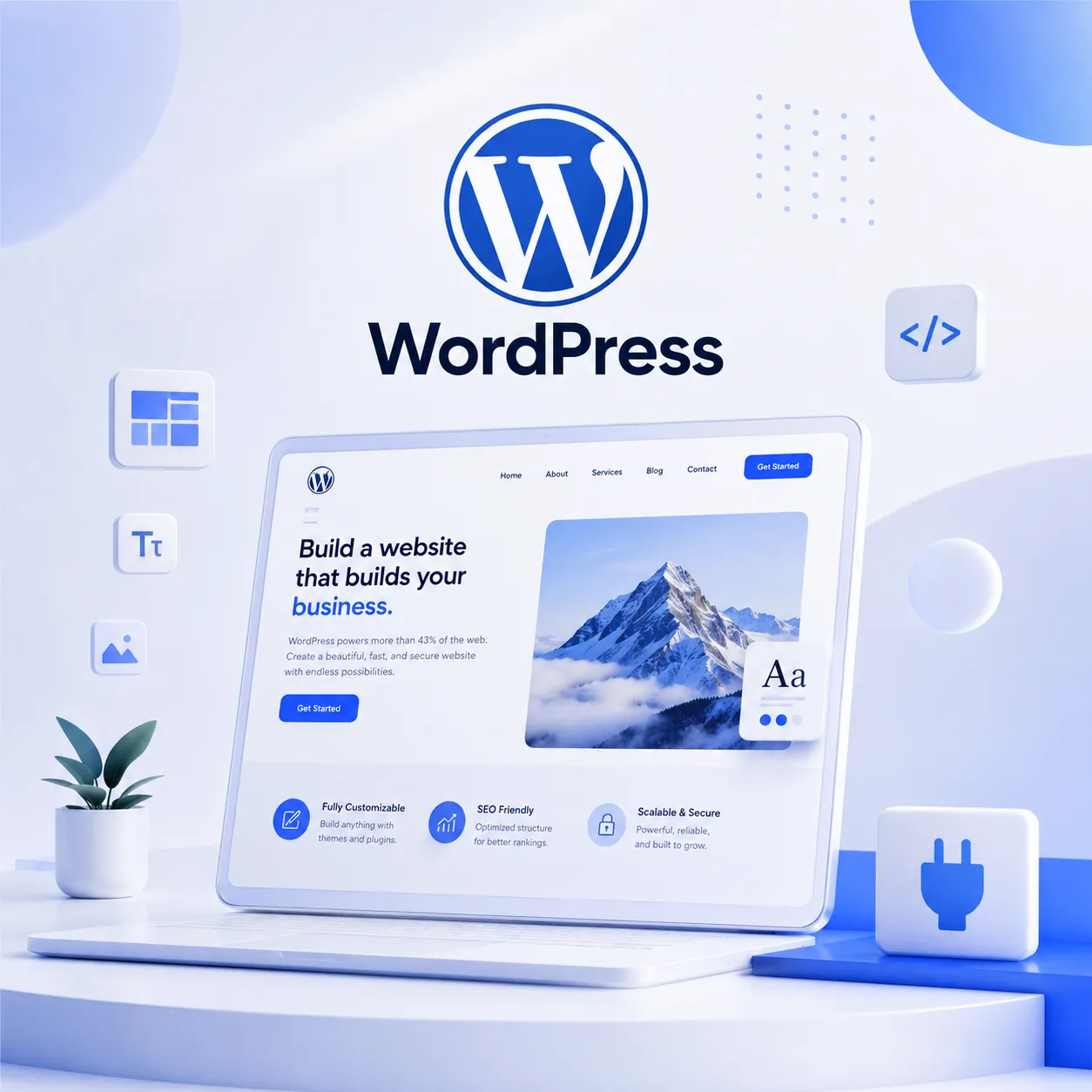 WordPress建站背景图，展示外贸网站开发、企业官网与SEO友好独立站场景。