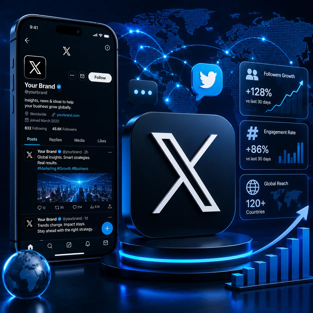 X（Twitter）社媒运营背景图，展示品牌传播、实时互动与全球社交媒体增长场景。