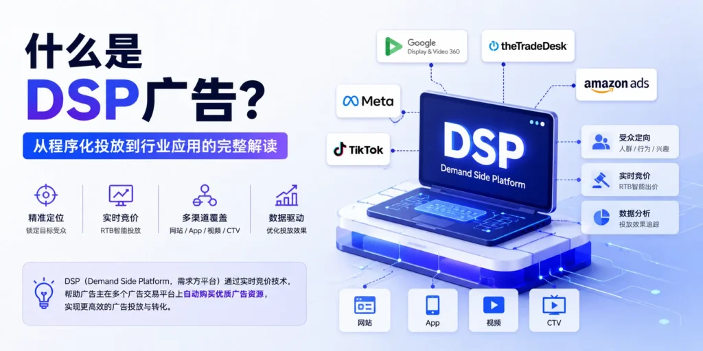 DSP广告文章特色图片，展示程序化广告投放、实时竞价RTB、受众定向、多渠道广告覆盖、网站App视频CTV广告资源和数据驱动优化场景，适用于介绍DSP广告是什么意思、适合行业、投放效果和主流DSP平台的SEO文章。