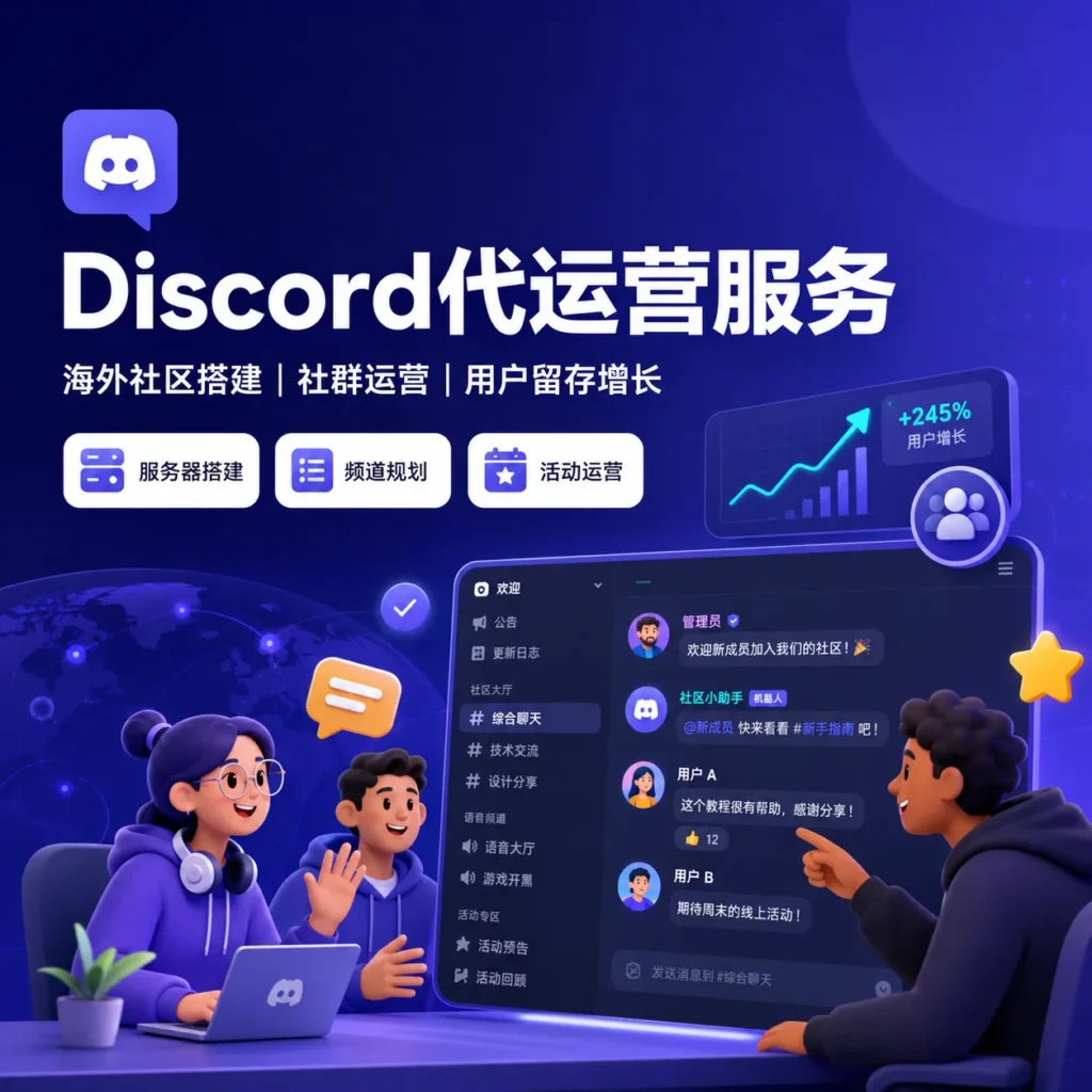 Discord社群代运营服务首图，展示 JZADS 提供 Discord服务器搭建、频道规划、角色权限设置、社区规则、活动策划、用户留存和社群增长服务，帮助出海项目建立稳定的海外用户社区。