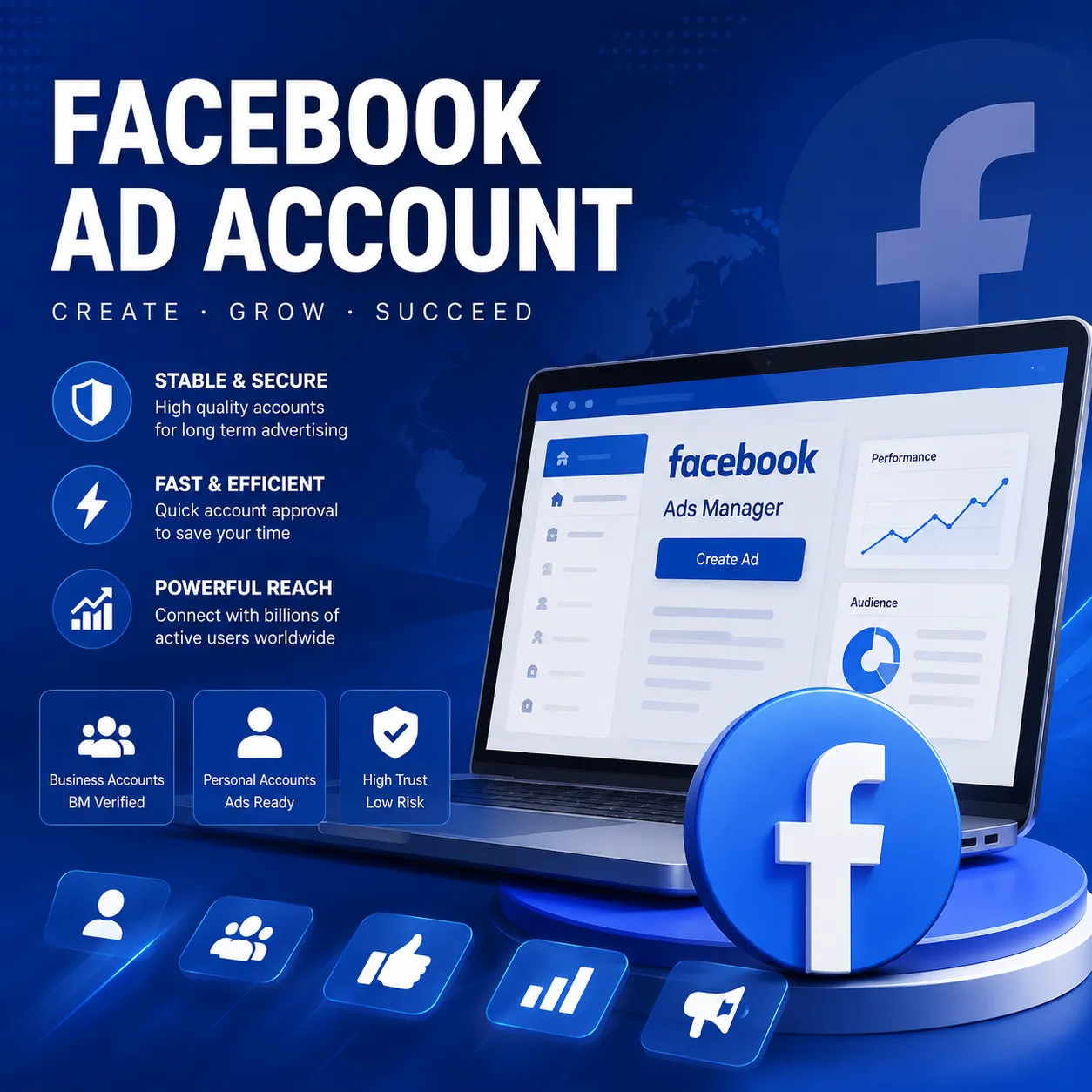 Facebook广告开户背景图，展示 Facebook Ads、企业广告账户与海外广告开户服务场景。