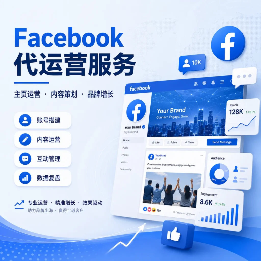 Facebook代运营服务首图，展示 JZADS 提供 Facebook主页搭建、内容策划、账号运营、互动管理、数据复盘和海外品牌增长服务，帮助企业通过 Facebook 建立品牌信任并提升询盘转化。