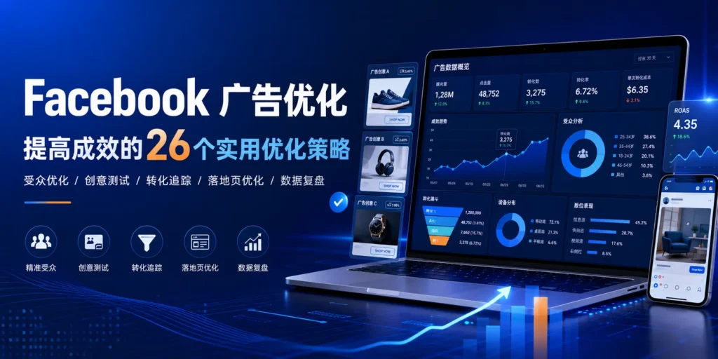 Facebook广告优化文章特色图，展示广告数据分析界面、受众优化、创意测试、转化追踪、落地页优化和数据复盘等关键环节，适合外贸企业、跨境卖家和B2B广告主了解如何通过26个实用优化策略提升Facebook广告投放成效。