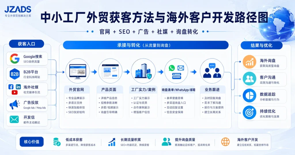 中小工厂外贸获客方法示意图，展示从外贸官网、Google SEO、社媒运营、海外广告到询盘转化的海外客户开发路径