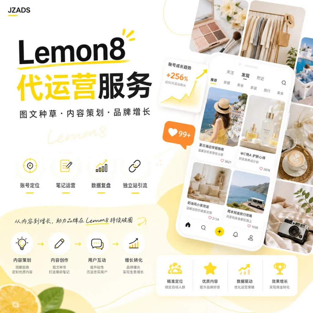Lemon8代运营服务首图，展示 JZADS 提供 Lemon8账号定位、图文笔记运营、内容策划、品牌增长、数据复盘和独立站引流服务，帮助企业通过 Lemon8 做海外内容种草与用户增长。