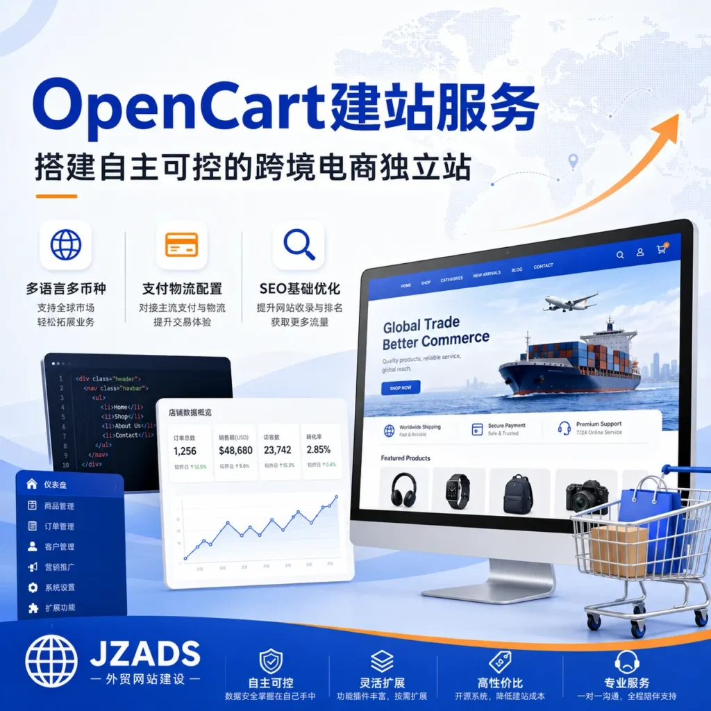 OpenCart 建站服务首图，展示 JZADS 提供自主可控的跨境电商独立站搭建、多语言多币种配置、支付物流对接、SEO 基础优化、商品与订单管理和广告转化追踪服务，帮助外贸企业搭建适合海外销售的开源电商网站。