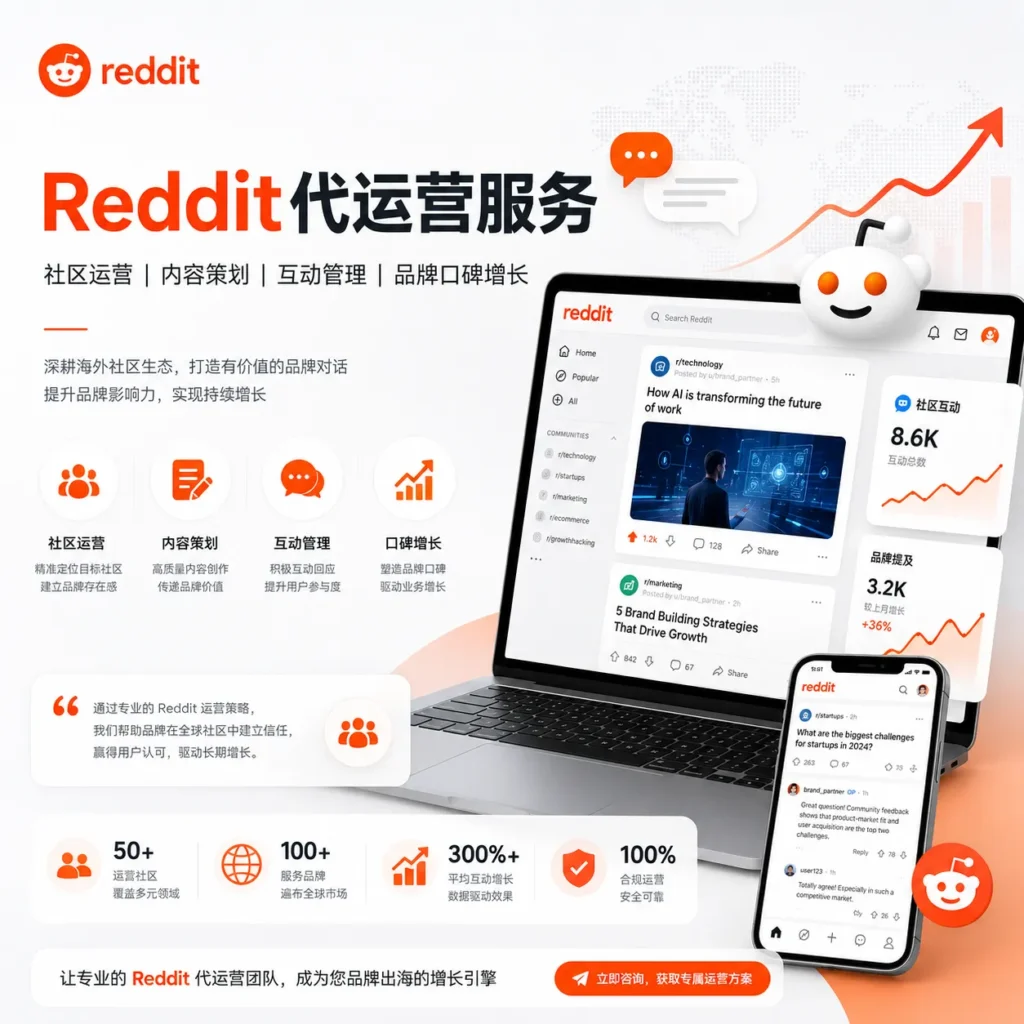Reddit代运营服务首图，展示 JZADS 提供 Reddit账号运营、Subreddit调研、社区内容策划、评论互动管理、品牌口碑增长、数据复盘和海外社区营销服务，帮助出海品牌在 Reddit 建立真实用户讨论与长期信任。