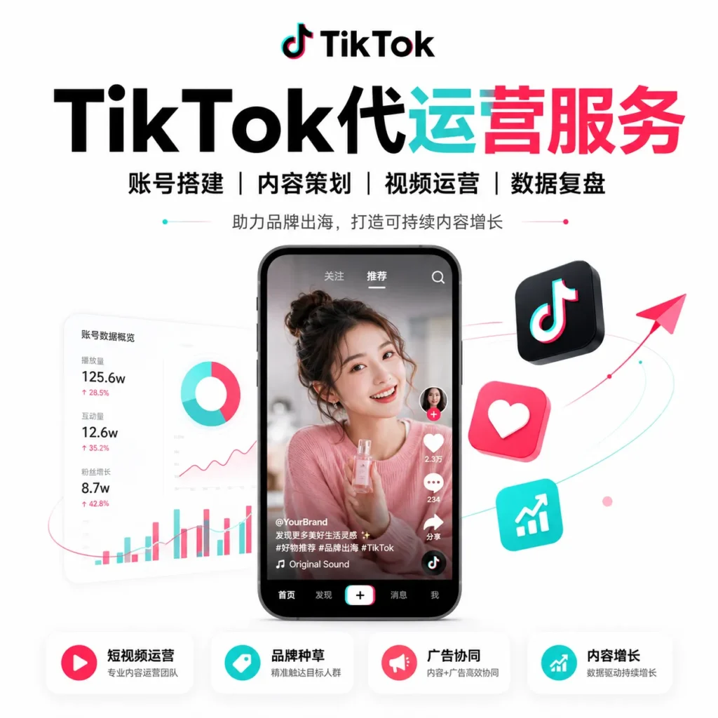 TikTok代运营服务首图，展示 JZADS 提供 TikTok账号搭建、内容策划、短视频运营、数据复盘、品牌出海、广告协同和内容增长服务，帮助企业建立海外短视频营销与转化路径。