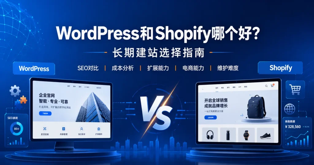 WordPress和Shopify哪个好长期建站选择指南图，展示外贸企业和跨境卖家在选择建站平台时，需要从SEO、成本、扩展能力、电商功能、维护难度和长期发展方向进行对比判断。