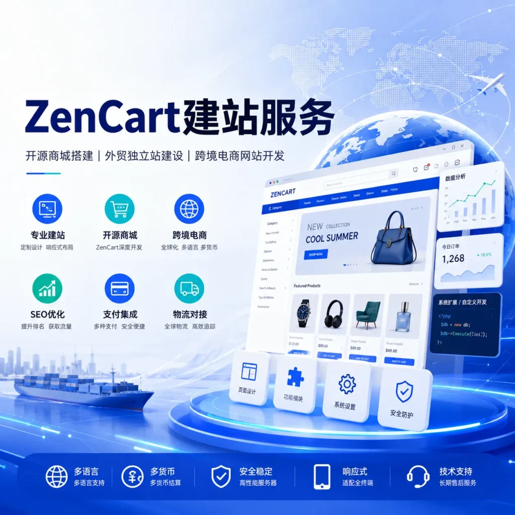 Zen Cart 建站服务首图，展示 JZADS 提供开源商城搭建、外贸独立站建设、跨境电商网站开发、多语言多币种配置、支付物流对接、SEO 基础优化、安全防护和长期技术支持服务，帮助企业打造自主可控的海外电商网站。