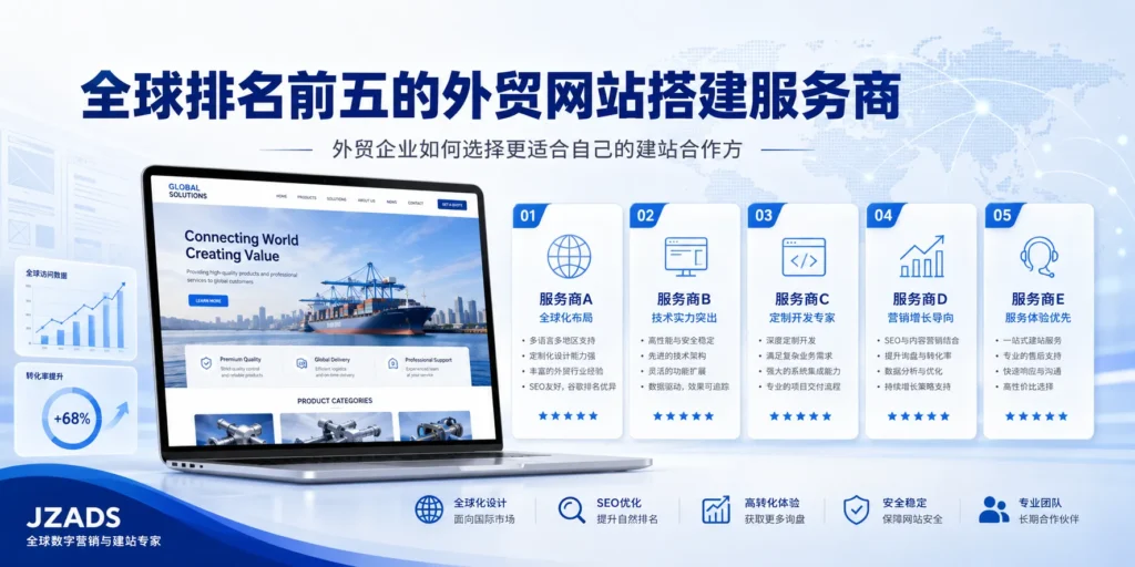 全球排名前五的外贸网站搭建服务商文章特色图，展示外贸网站建设、服务商对比、全球化布局、SEO优化、网站转化体验和专业建站团队等元素，帮助外贸企业、B2B工厂和跨境品牌了解如何选择适合自己的外贸网站搭建服务商。