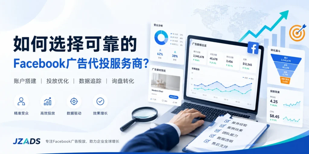 如何选择可靠的Facebook广告代投服务商文章特色图，展示Facebook广告投放、Meta广告账户管理、受众分析、广告数据追踪、转化漏斗、投放效果优化和询盘转化等场景，适合外贸企业、跨境品牌、B2B工厂、SaaS和App项目了解如何判断广告代投服务商是否可靠。