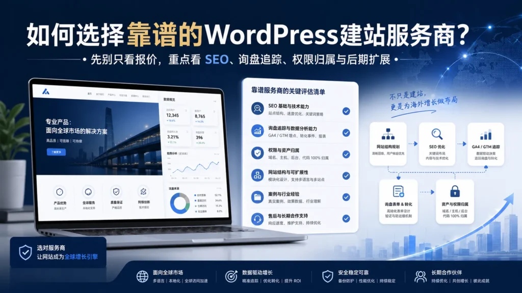 介绍如何选择靠谱的WordPress建站服务商的横幅图，包含SEO、询盘追踪、权限归属、GA4与GTM追踪及网站结构规划等内容