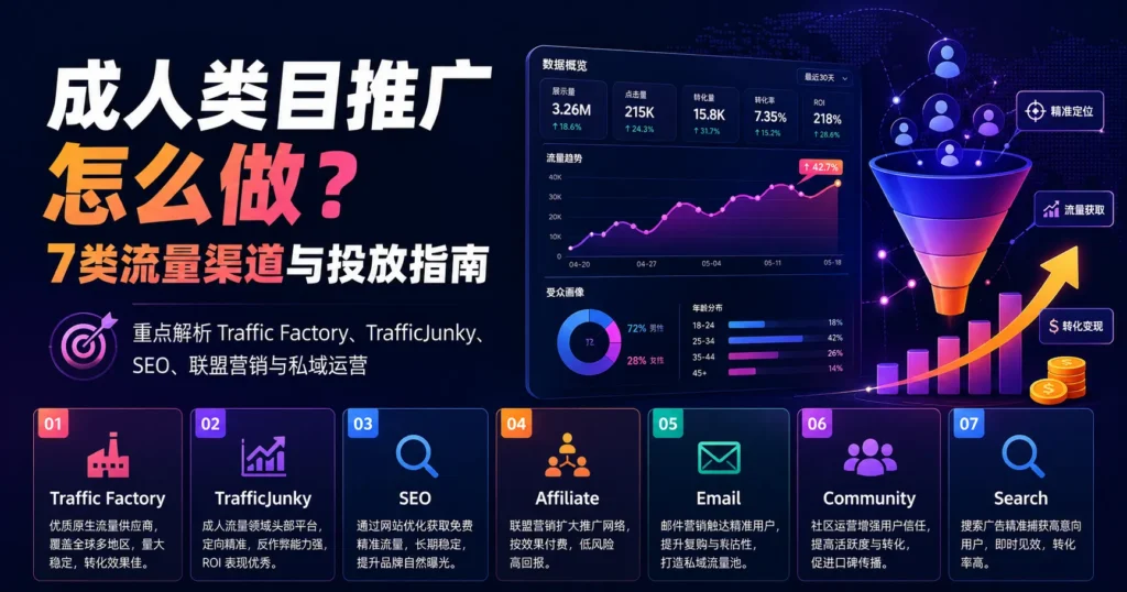 成人类目推广流量渠道指南特色图，展示Traffic Factory、TrafficJunky、SEO、联盟营销、邮件私域、社区运营和搜索广告等7类投放渠道