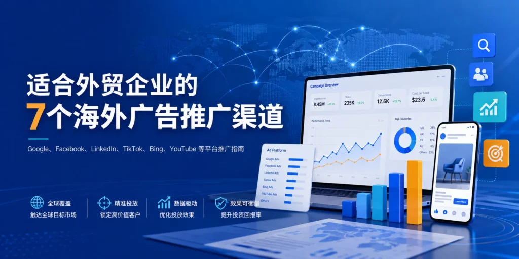 适合外贸企业的7个海外广告推广渠道文章特色图，展示Google广告、Facebook广告、LinkedIn广告、TikTok广告、Bing广告、YouTube广告等海外广告平台，以及全球市场覆盖、精准投放、数据驱动和广告效果优化场景，适合外贸企业、B2B工厂和跨境品牌了解海外广告投放渠道选择。