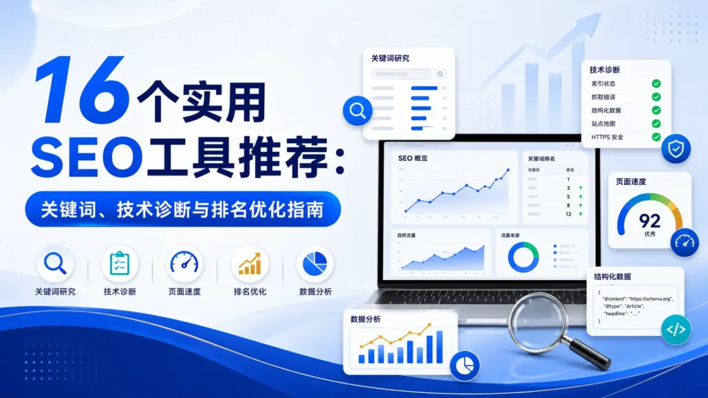 16个实用SEO工具推荐，涵盖关键词研究、技术诊断、页面速度、结构化数据、排名优化和数据分析