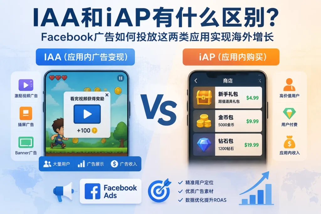 IAA通过应用内广告实现变现，iAP通过用户购买产生收入，两种模式需要不同的Facebook广告投放策略。
