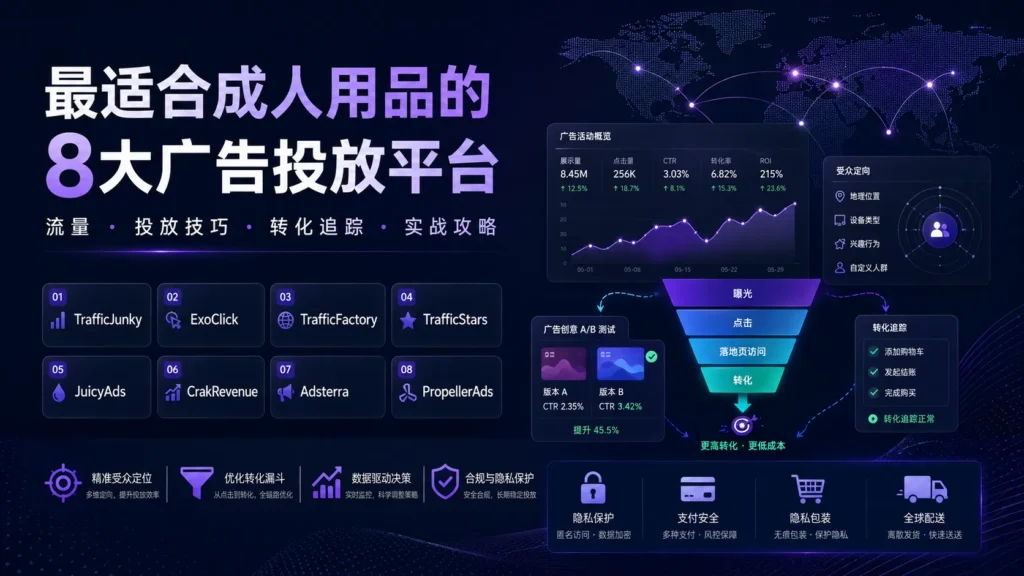 最适合成人用品的8大广告投放平台横幅图，展示TrafficJunky、ExoClick、TrafficFactory、TrafficStars、JuicyAds、CrakRevenue、Adsterra和PropellerAds等广告平台，以及流量分析、受众定向、广告投放、转化追踪、隐私保护和支付安全等关键环节