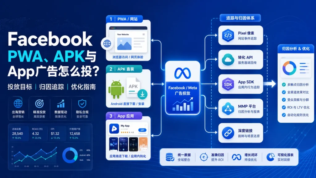 Facebook PWA、APK与App广告投放对比，涵盖网站广告、APK直接安装、应用推广、Meta Pixel、转化API、App SDK、MMP和深度链接归因