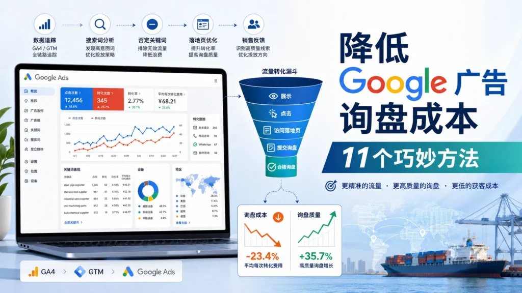 降低Google广告询盘成本的11个方法横幅图，展示外贸企业通过GA4/GTM转化追踪、搜索词分析、否定关键词、落地页优化和销售反馈提升询盘质量并降低获客成本