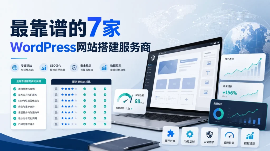 最靠谱的7家WordPress网站搭建服务商横幅图，展示外贸企业通过网站项目类型、SEO优化、插件扩展、功能定制、性能优化、安全维护和数据追踪判断适合自己的WordPress服务商