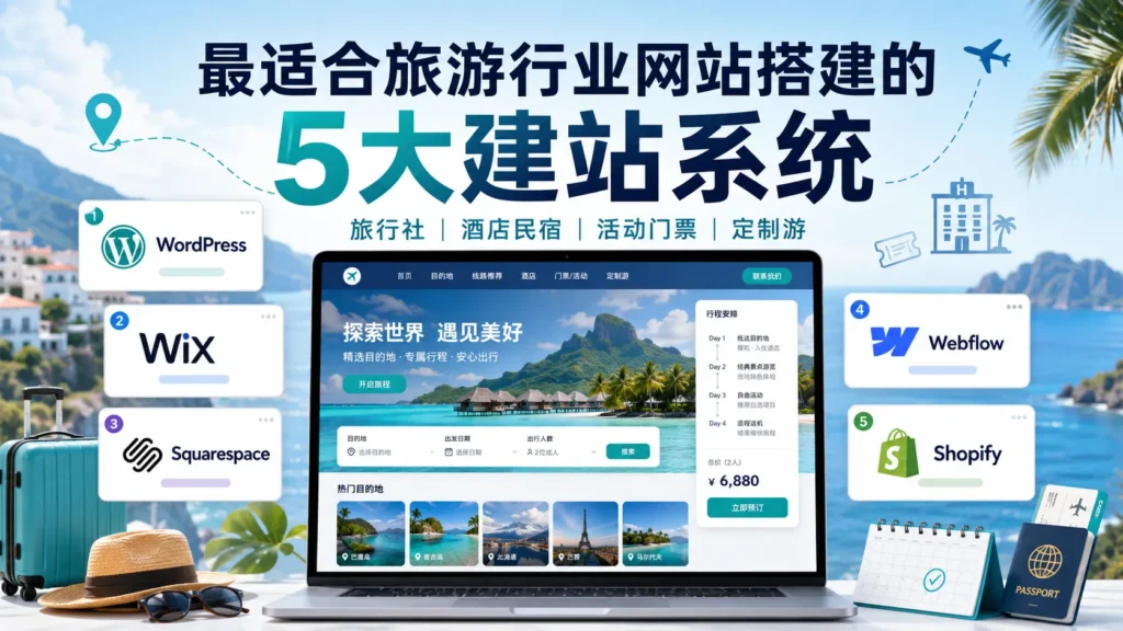 最适合旅游行业网站搭建的5大建站系统横幅图，展示WordPress、Wix、Squarespace、Webflow和Shopify五种建站系统，以及它们在旅行社、酒店民宿、活动门票、定制游和旅游预订网站中的适用场景