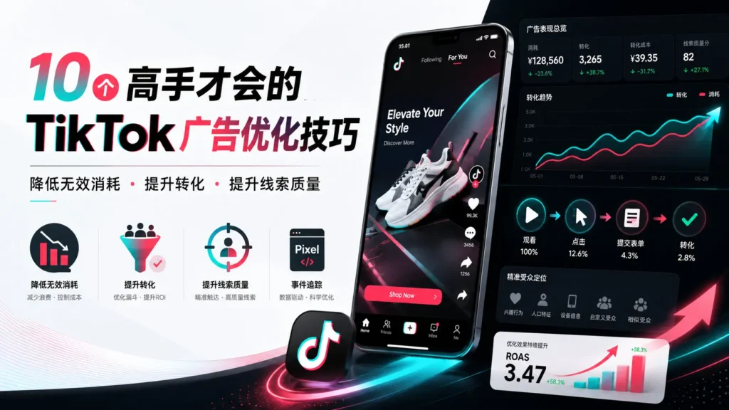 10个高手才会的TikTok广告优化技巧横幅图，展示企业通过TikTok Pixel事件追踪、转化漏斗、素材优化、受众定位、预算控制和广告数据分析降低无效消耗、提升转化和线索质量
