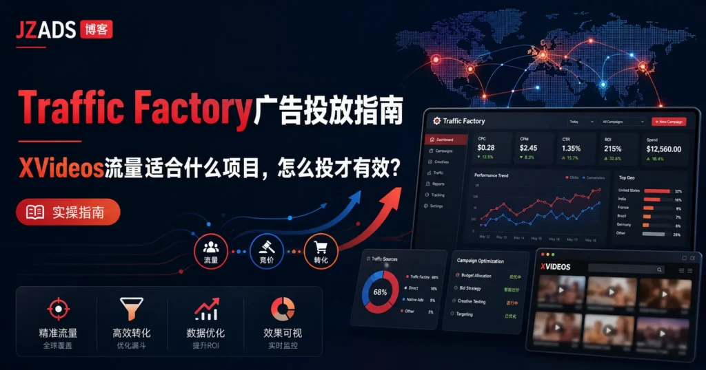 Traffic Factory广告投放指南，展示XVideos流量分析、广告竞价、转化追踪和数据优化看板
