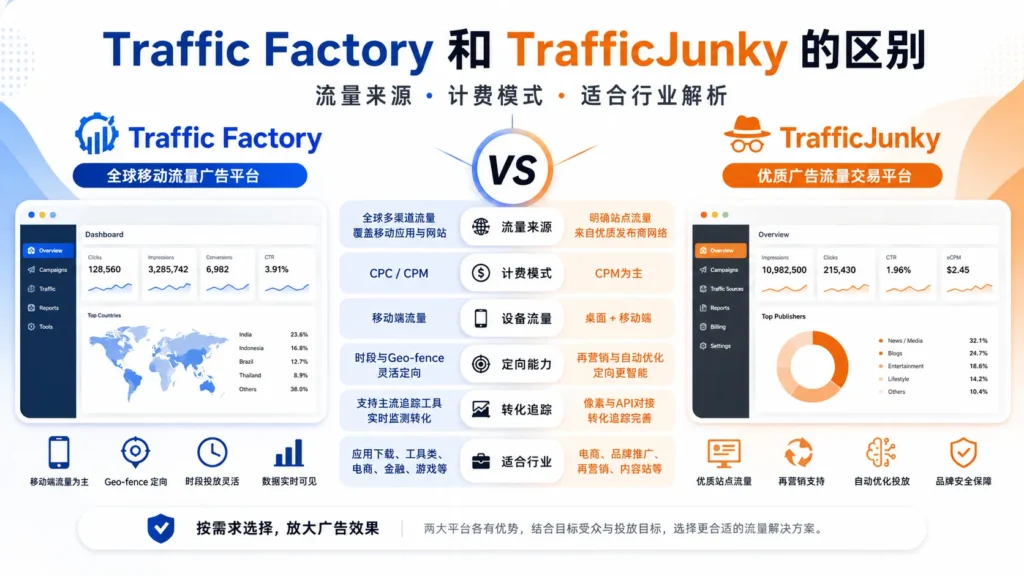 Traffic Factory与TrafficJunky在流量来源、计费模式、设备流量、定向能力、转化追踪和适合行业方面的对比